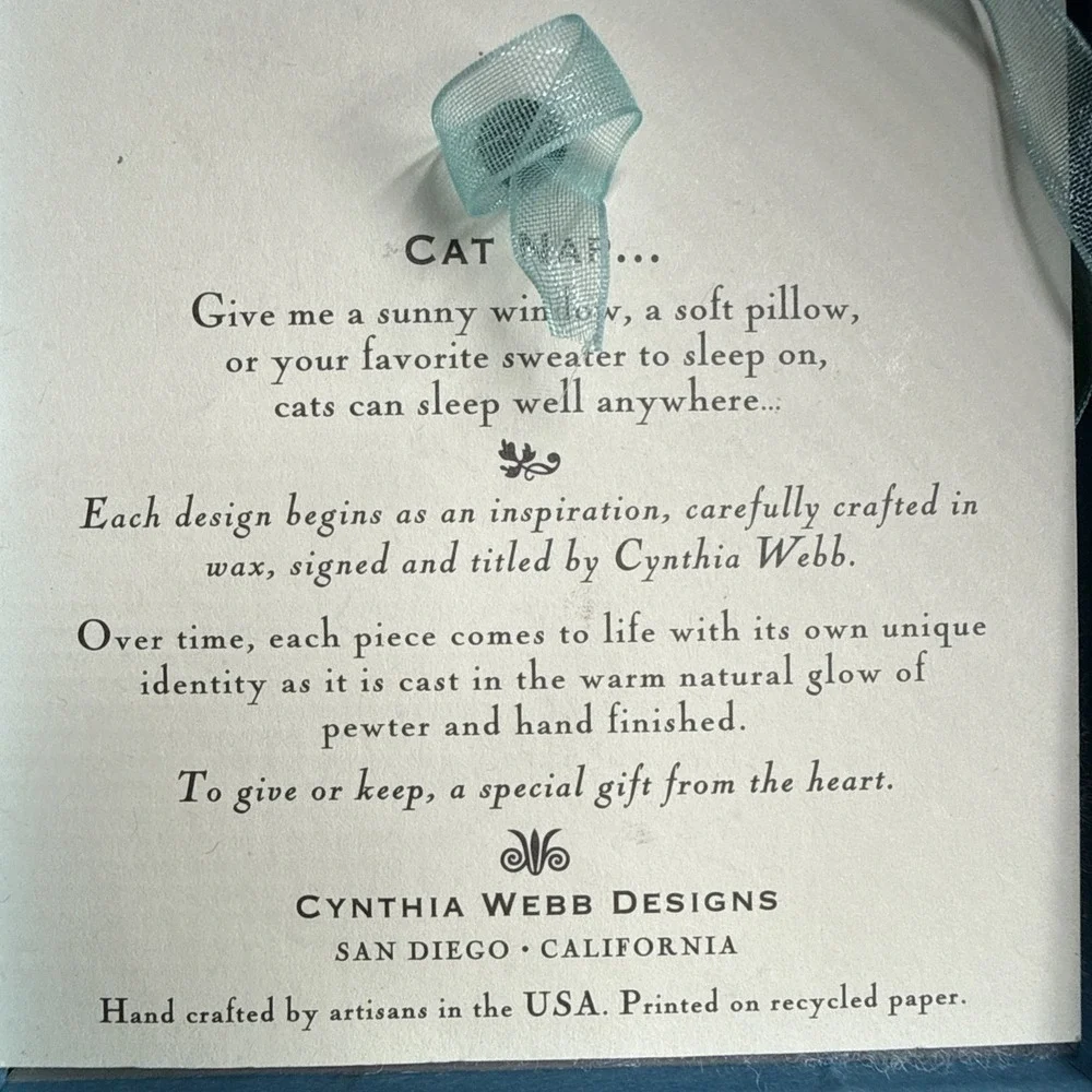 Vintage Cynthia Webb‎ Pewter Cat Ornament Cozy Nap Kitty Decor 1990s Gift Box